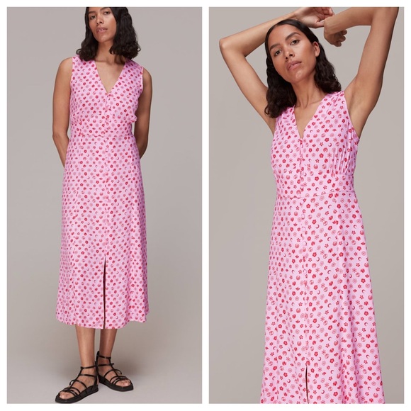 New Whistles Pink Moon Floral Print Midi Dress Sz 10 US Button Front